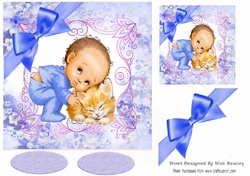 Cute Baby Boy cuddling kitty with blue bow in floral frame 7x7