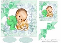 Cute Baby Boy cuddling kitty with green bow in floral frame 7x7