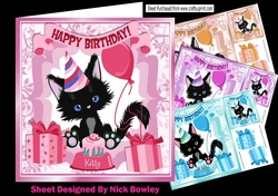 4 Cute black kittens with balloons birthday card front 8x8