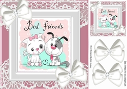 Best of friends cute puppy and kitten with white bows and lace 8x8 