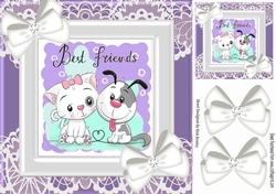 Best of friends cute puppy and kitten with white bows and lace (purple) 8x8