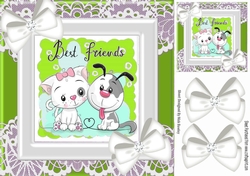Best of friends cute puppy and kitten with white bows and lace (green) 8x8