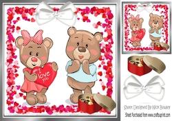 cute  valentine teddy bears with  hearts and choc with white bow 8x8