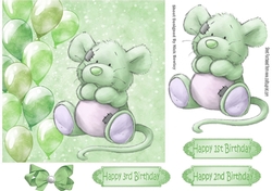 Cute little mouse with green balloons and bow 7x7
