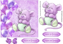 Cute little mouse with lilac balloons and bow 7x7