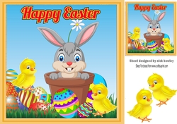 Bunny with easter eggs in plant pot with chicks 8x8