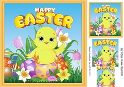 chick with easter eggs, Daffodils and tulips 8x8
