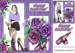 Modern girl with makeup and purple roses in window frame 8x8