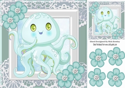 Cute octopus with flowers and diamonds 8x8 (turq)
