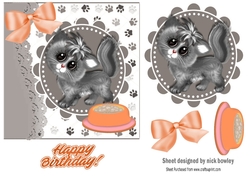 cute grey kitten with a dish topper/card front 7x7