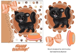 cute black kitten with a dish topper/card front 7x7