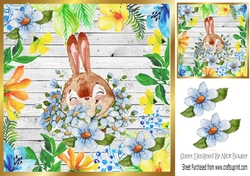 Water colour Bunny playing peekabbo in floral frame 8x8