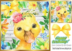 Water colour yellow duck in floral frame with yellow bow 8x8