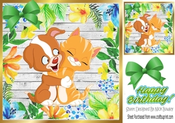 Cuddle friends kitty and puppy in floral frame with green bow 8x8