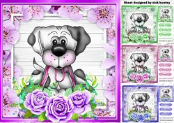 4 Take me for walkies! cute dogs with coloured roses 8x8 card fronts mini kit