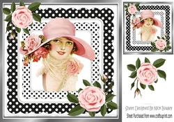 Pretty vintage lady in hat with pink roses in black polkadot frame 8x8