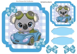 Blue Check with border 8x8 card front with cute Koala in car