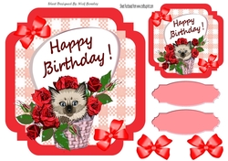 Red Check with border 8x8 card front with kitten in basket with roses