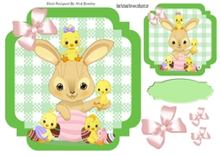 Green Check with border 8x8 card front with easter bunny & chicks