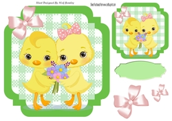 Green Check with border  8x8 card front with cute chicks & bows