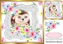 Cute water colour hedgehog in lace and flower frame 8x8