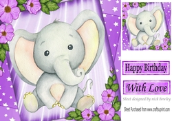 Cute water colour Ele with stars and purple flowers 8x8