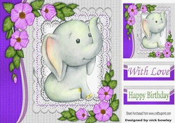 Cute water colour Ele with lace and purple flowers 8x8