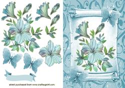 Pretty Pale Blue Flowers & Butterflies on Scroll