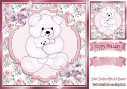 Cute pink teddy having cuddles with bows 8x8