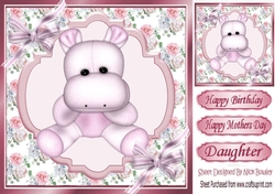 Cute pink hippo with bows 8x8