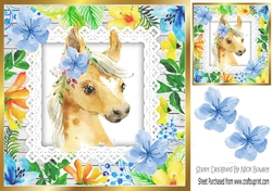 Pretty water colour pony with tropical flowers 8x8