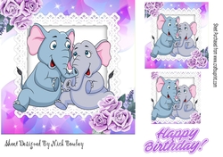 Cute pair of elephants cuddling with lilac roses 7x7