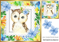 Pretty water colour owl with tropical flowers 8x8