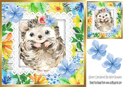 Pretty water colour hedgehog with tropical flowers 8x8
