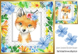 Pretty water colour fox with tropical flowers 8x8