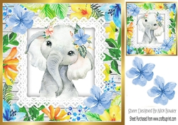 Pretty water colour ele with tropical flowers 8x8