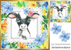 Pretty water colour cow with tropical flowers 8x8