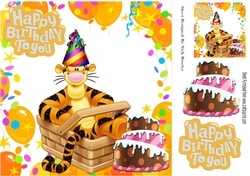 Tigger in party hat with birthday cake 8x8