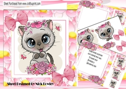 Cute kitten with pink roses in flower frame 8x8 mini kit