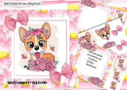 Cute corgi with pink roses in flower frame 8x8 mini kit