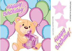 Cute little teddy with pink present and balloons 8x8 