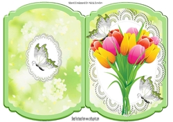 Pretty spring coloured tulips on lace with butterflies bracket card
