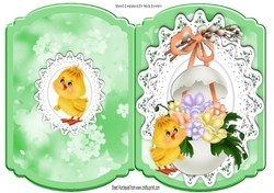 Pretty spring chick with easter egg, flowers on lace bracket card