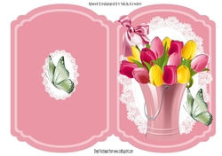 Ornate coloured tulips on lace with bow bracket card