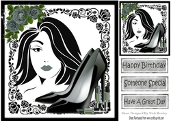 Trendy Girl with fashion and silver monochrome/black roses, 8x8  (four)