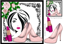 Trendy Girl with pink roses & shoes in black rose frame,8x8 (three)