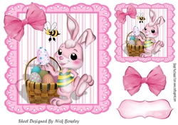 Cute Easter Bunny with basket of eggs with pink bow 7x7 