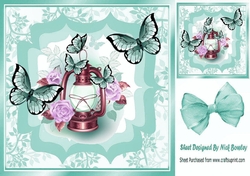 Pretty lamp with flowers/roses and turq butterflies 8x8