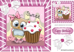 Cute owl with Cupcake with bow in pink stripe 8x8 frame