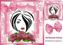 Pretty modern lady with pink roses and bow 8x8